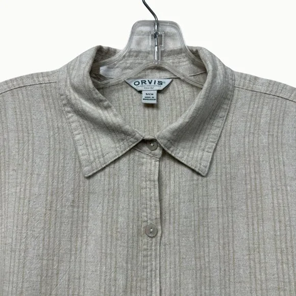 Orvis Women’s Linen Blend Button Up Shirt Roll Tab Sleeve Beige Small - Picture 2 of 12